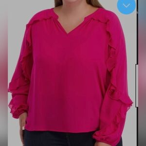 Wonderly Hot Pink Ruffle Sleeve V-Neck Blouse